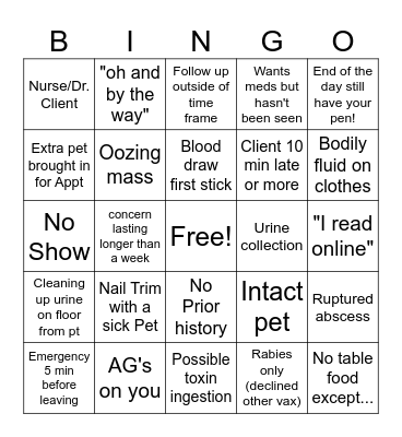 Vet Tech Bingo! Bingo Card