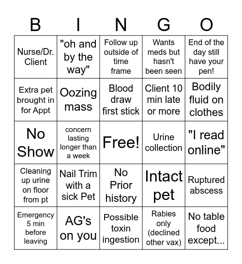 Vet Tech Bingo! Bingo Card