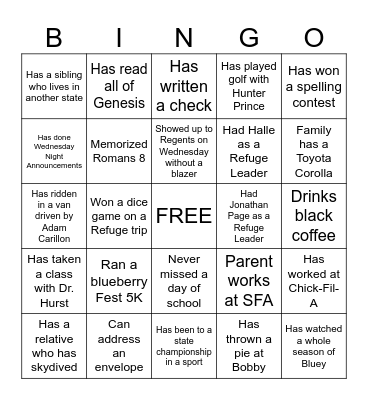 Refuge Wednesday Night Bingo Card
