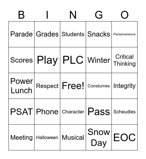 Staff Meeting 10/13/25 Bingo Card