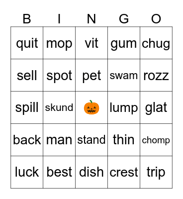 Closed Syllable Bingo Card