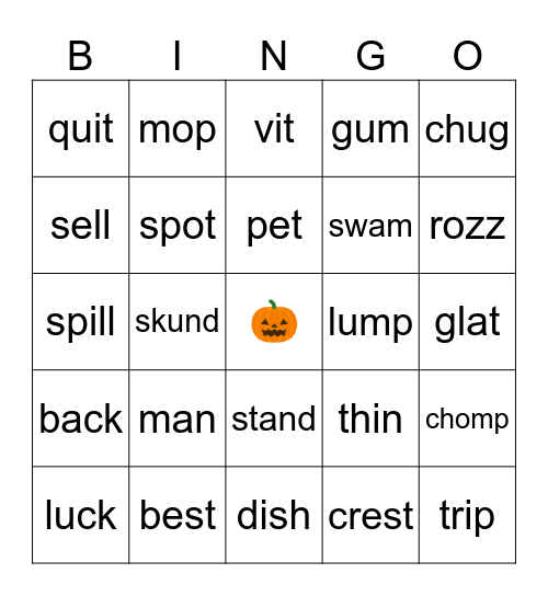 Closed Syllable Bingo Card