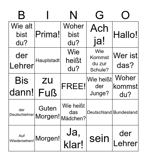 Chapter 1 German Bingo Card