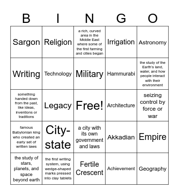 Mesopotamia Vocabulary Bingo Card
