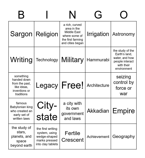 Mesopotamia Vocabulary Bingo Card