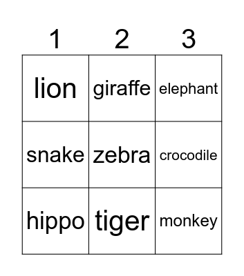 ANIMALS Bingo Card