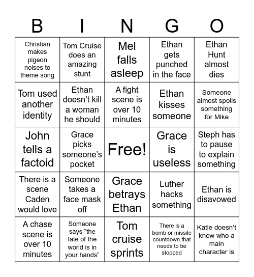 Mission Impossible Family Night Bingo Card