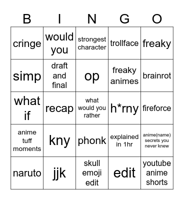 Youtube Anime Bingo Card