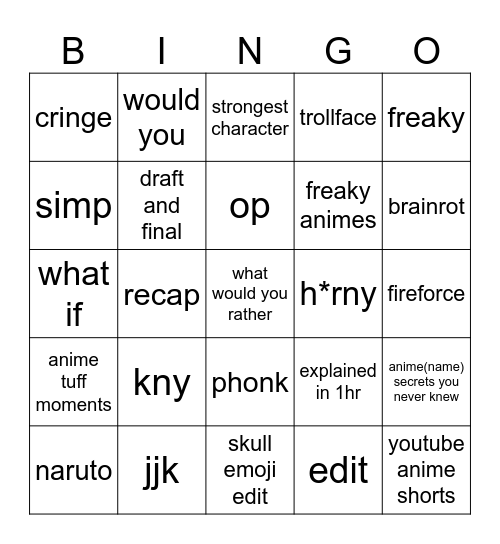 Youtube Anime Bingo Card