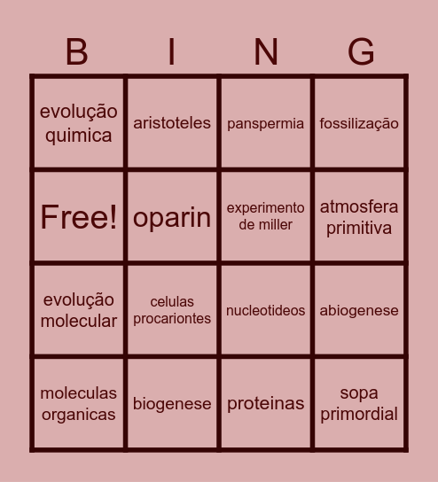 origem da vida Bingo Card