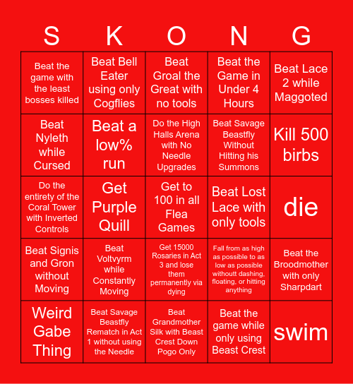 Silksong Bingo Card