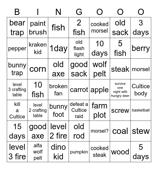easiest 99 nights in forest bingo card Bingo Card
