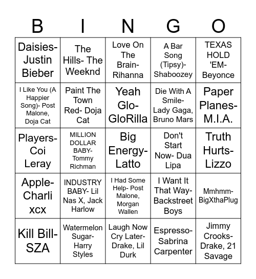 Popular Songs Bingo Card