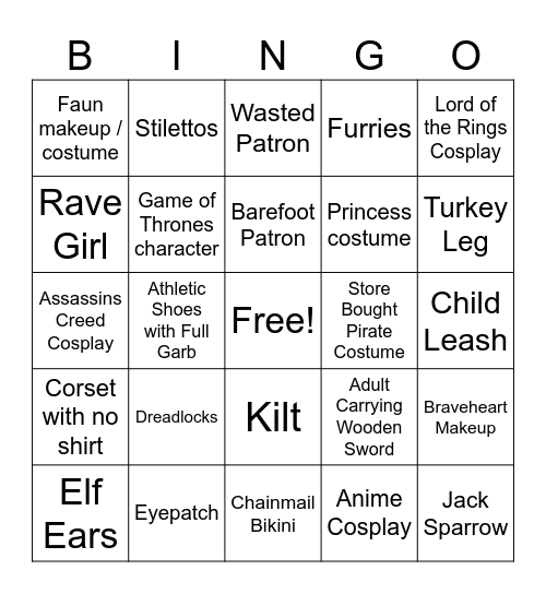 Ren Fair Bingo Card
