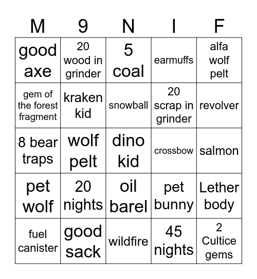 medium 99 nights in the forest bingo Card