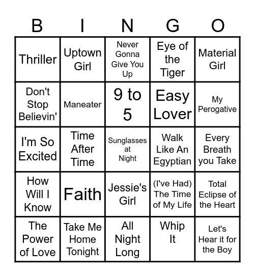 80's  80's  80's  80's Bingo Card