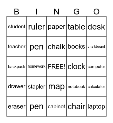 Classroom Objects Bingo Card