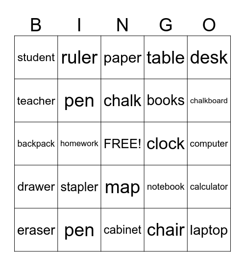 Classroom Objects Bingo Card