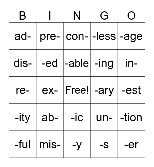 4th Grade Prefixes and Suffixes Bingo Card