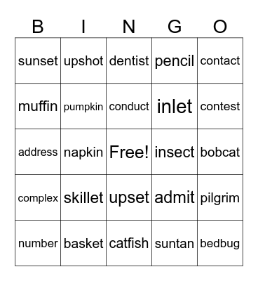 Closed Syllables Bingo Card
