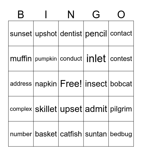 Closed Syllables Bingo Card