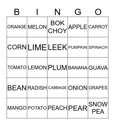 FRUIT & VEG BINGO! Bingo Card