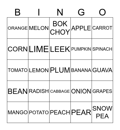 FRUIT & VEG BINGO! Bingo Card