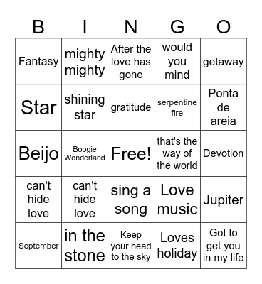 Earth wind and fire Bingo Card