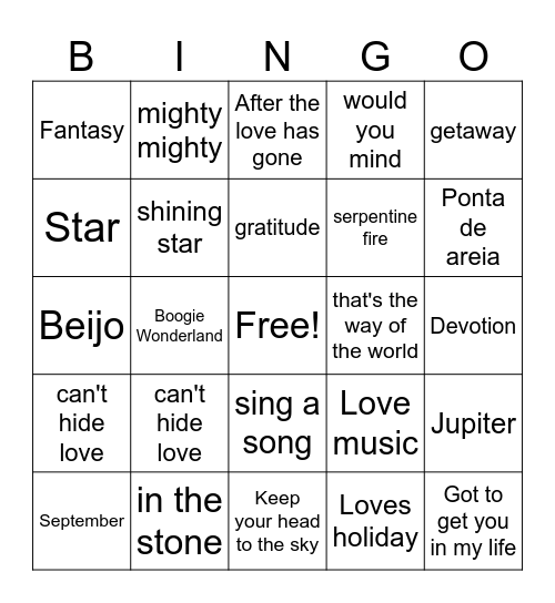 Earth wind and fire Bingo Card