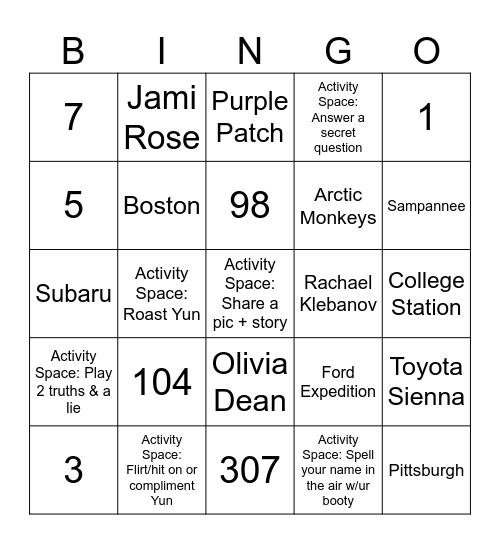 Yun's Retreat Bingo Card