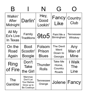 Country Songs Bingo Card