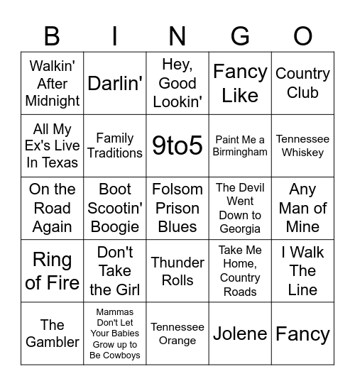 Country Songs Bingo Card