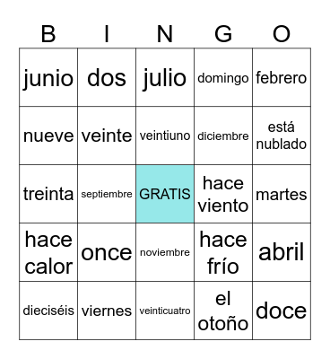 Días, Meses, Números, Tiempo, Estaciones Bingo Card