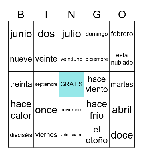 Días, Meses, Números, Tiempo, Estaciones Bingo Card