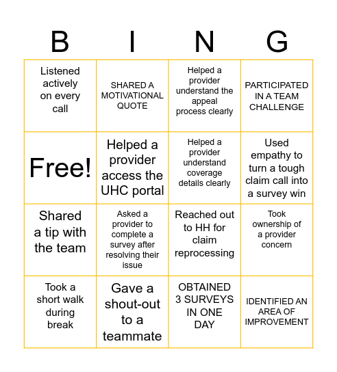 Operation Excellence Bingo Card