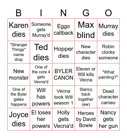 Stranger Things 5 Bingo Card
