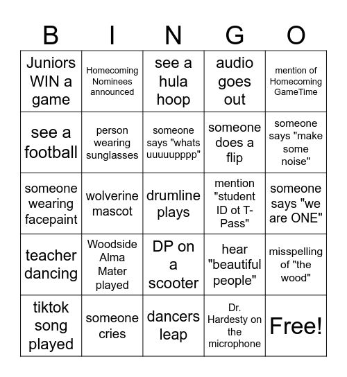 Junior Pep Rally BINGO!  work in PAIRS OF TWO, scream BINGO loudly when you think you have won...there is a prize! Bingo Card