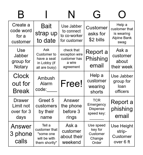 Alpine Bingo Card