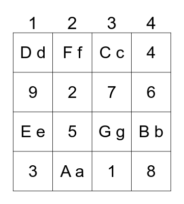 Aa-Gg / 1-9 Bingo Card