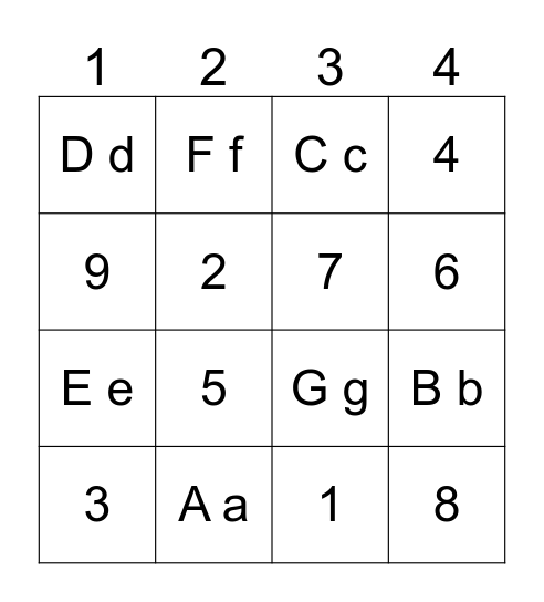 Aa-Gg / 1-9 Bingo Card