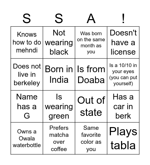 SSA Bingo Card