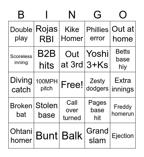 Dodgers Bingo Card