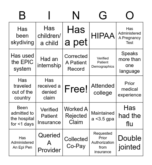 Medical Bingo Card
