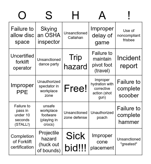 Violation BINGO Card