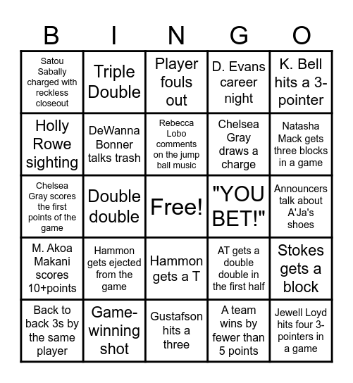 WNBA Championships Bingo Card