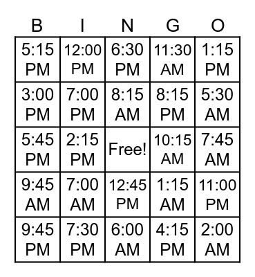 TELLING TIME Bingo Card