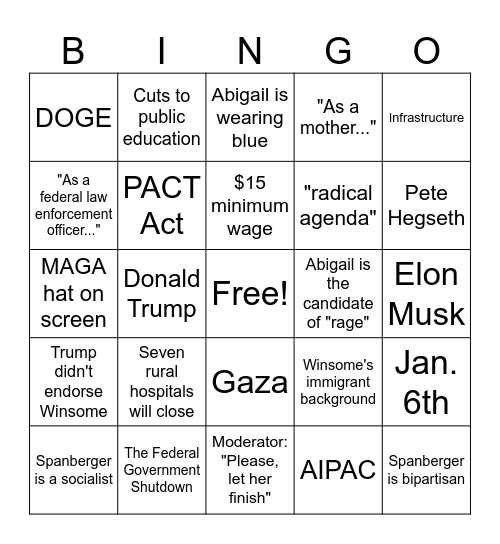 '25 VA Governor's Debate Bingo Card