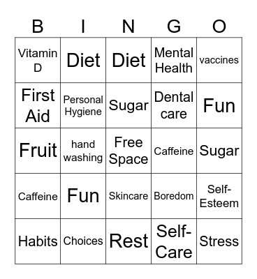 Health and Wellbeing Bingo Card