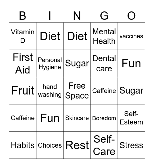 Health and Wellbeing Bingo Card