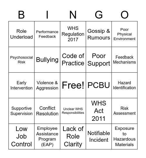 Psychosocial Bingo Card